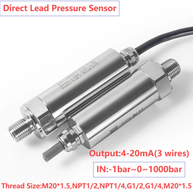 

4-20mA 3wires Pressure Transducer Sensor Waterproof M20*1.5 G1/4 NPT1/2 NPT1/4 Pressure Transmitter 50mbar 1bar 3bar 5bar