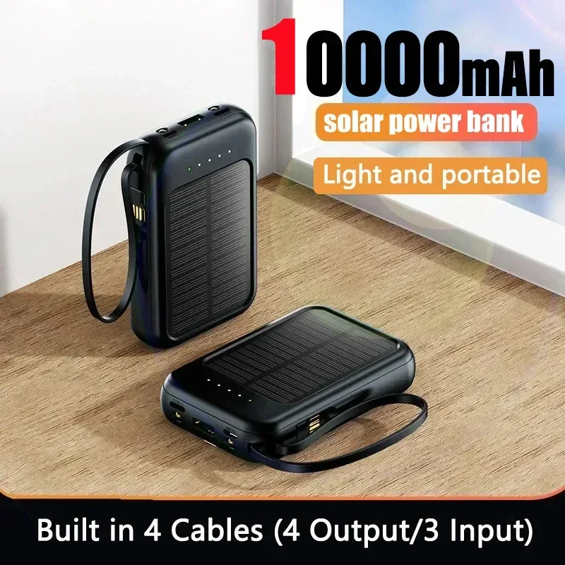 Solar Power Bank 10000mAh Solar Charging Flashlight Camping Light Compact Portable Built-in Cable Mini Power Bank Spare Battery 