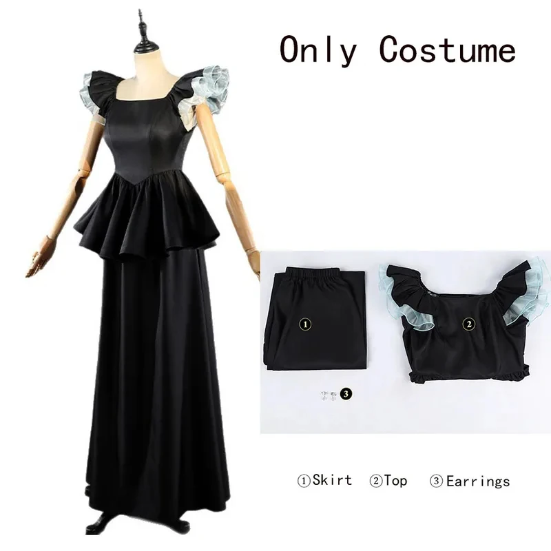 ER1KKurokawa Akane Cosplay Costume Wig Anime Oshi No Ko Season3 Gothic Black Ruffle Peplum Maxi Gown Halloween Party Outfit5H[[ - view 4