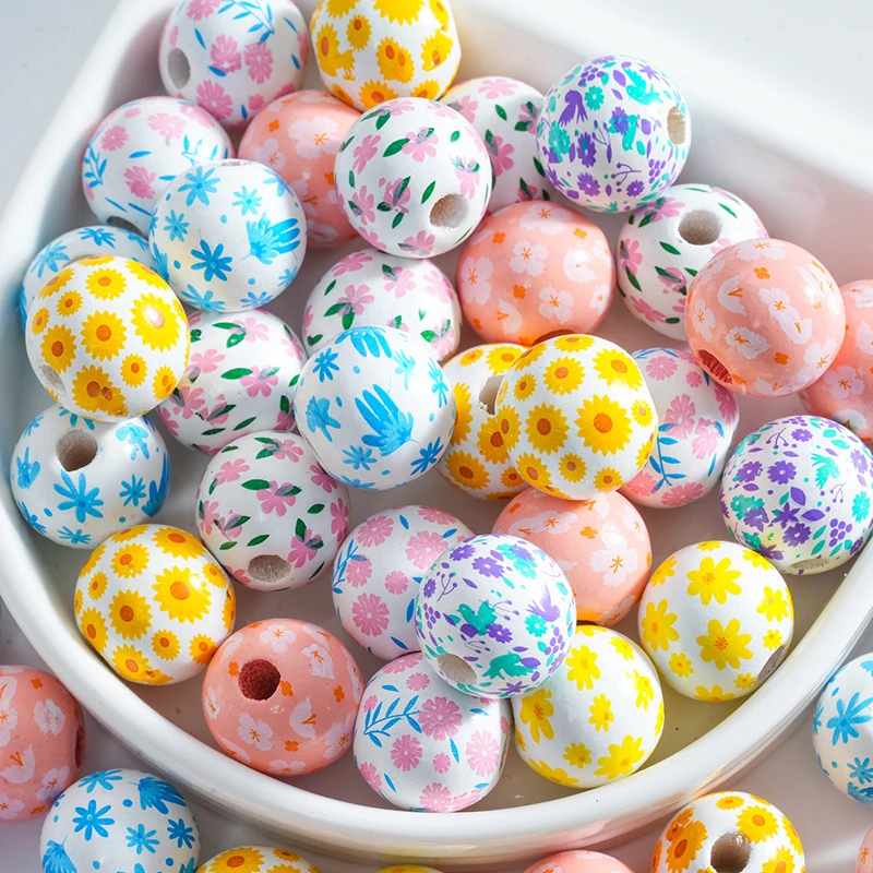 

100PCS 16MM Colorful Fresh Cherry Blossom Sunflower Flower Printed Wooden Beads Are Suitable For DIY Beaded Pen Sets
