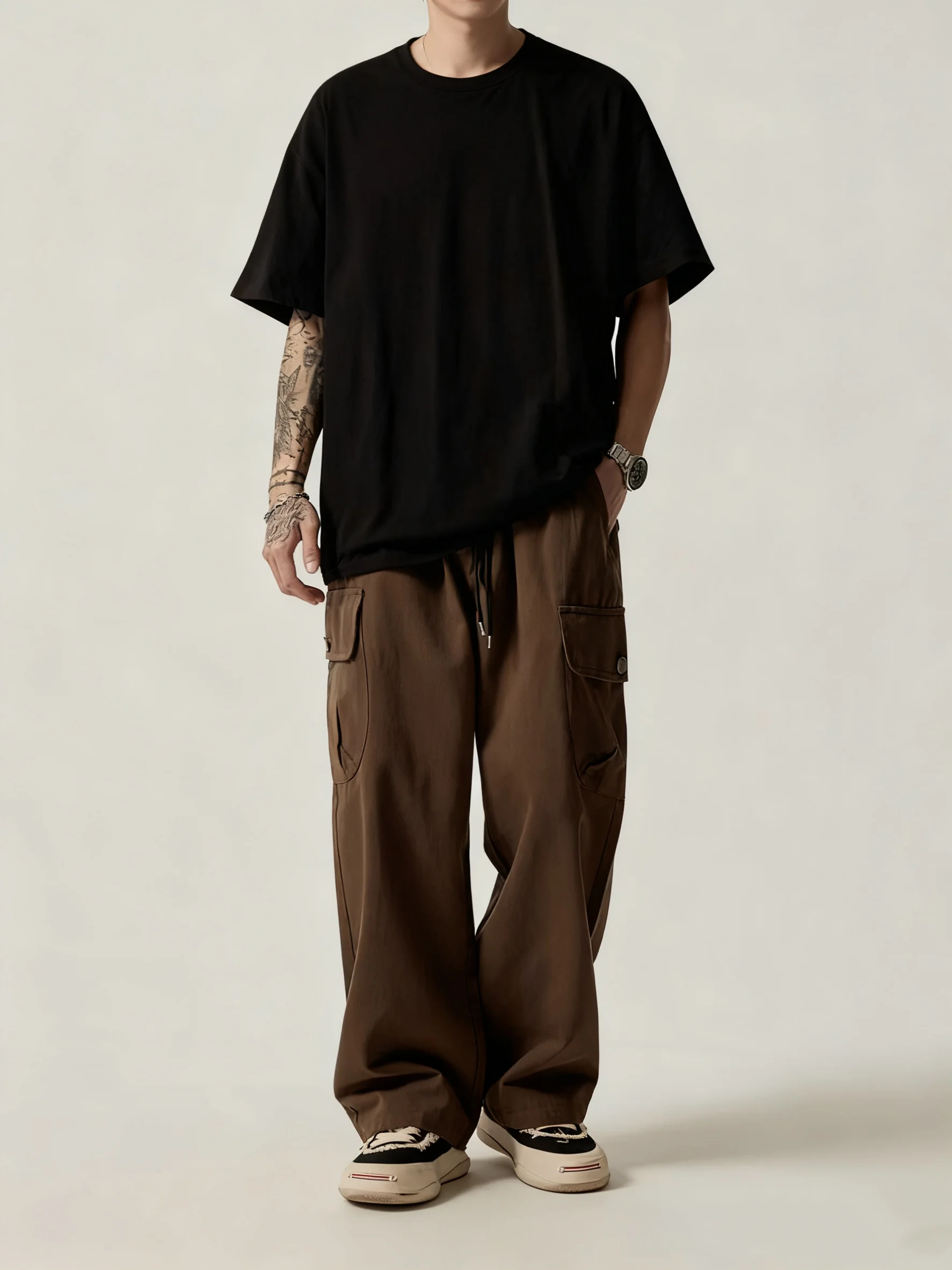 

Men's New Vintage Cargo Pants for Spring and Autumn, Simple and Trendy Loose Straight-Leg Pants, Versatile Casual Trousers, Twill Texture Fabric, Elastic Waistband with Drawstring Design