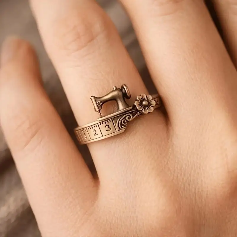 Multifunctional Vintage Sewing Machine Shape Ring 1/3Pcs Exquisite Flower Details Built In Tape Measure Decor Accessory
