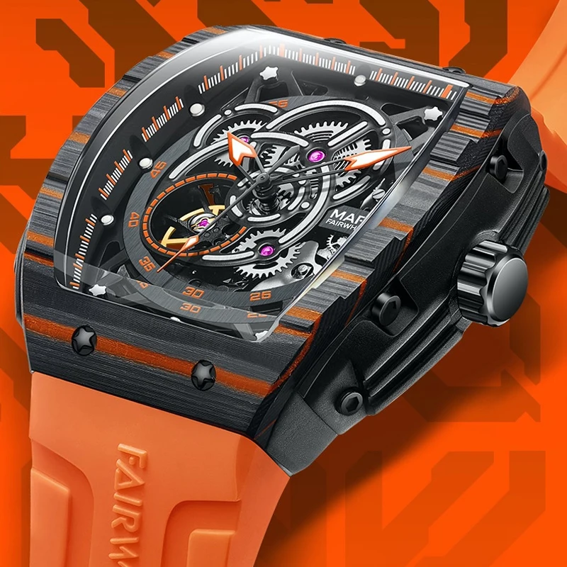 Mark Fairwhale Brand Luxury Carbon Fiber Mechanical Watch Men Sports Silicone Strap Luminous Automatic Tourbillon Watches Mens