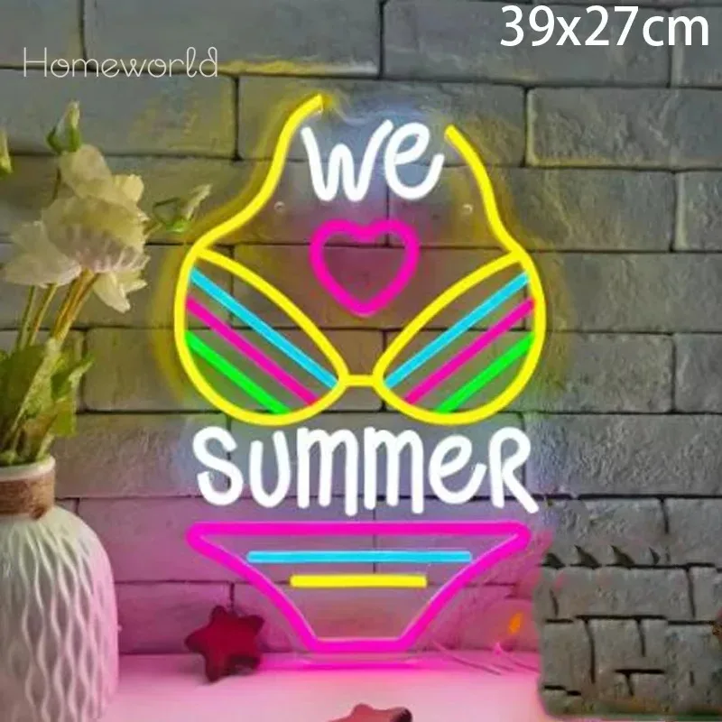 

We Love Summer Neon Sign Bikini Shape Luminous Neon Light LED for Swimwear Store Pool Party ,beautiful Girl Room Party Decor