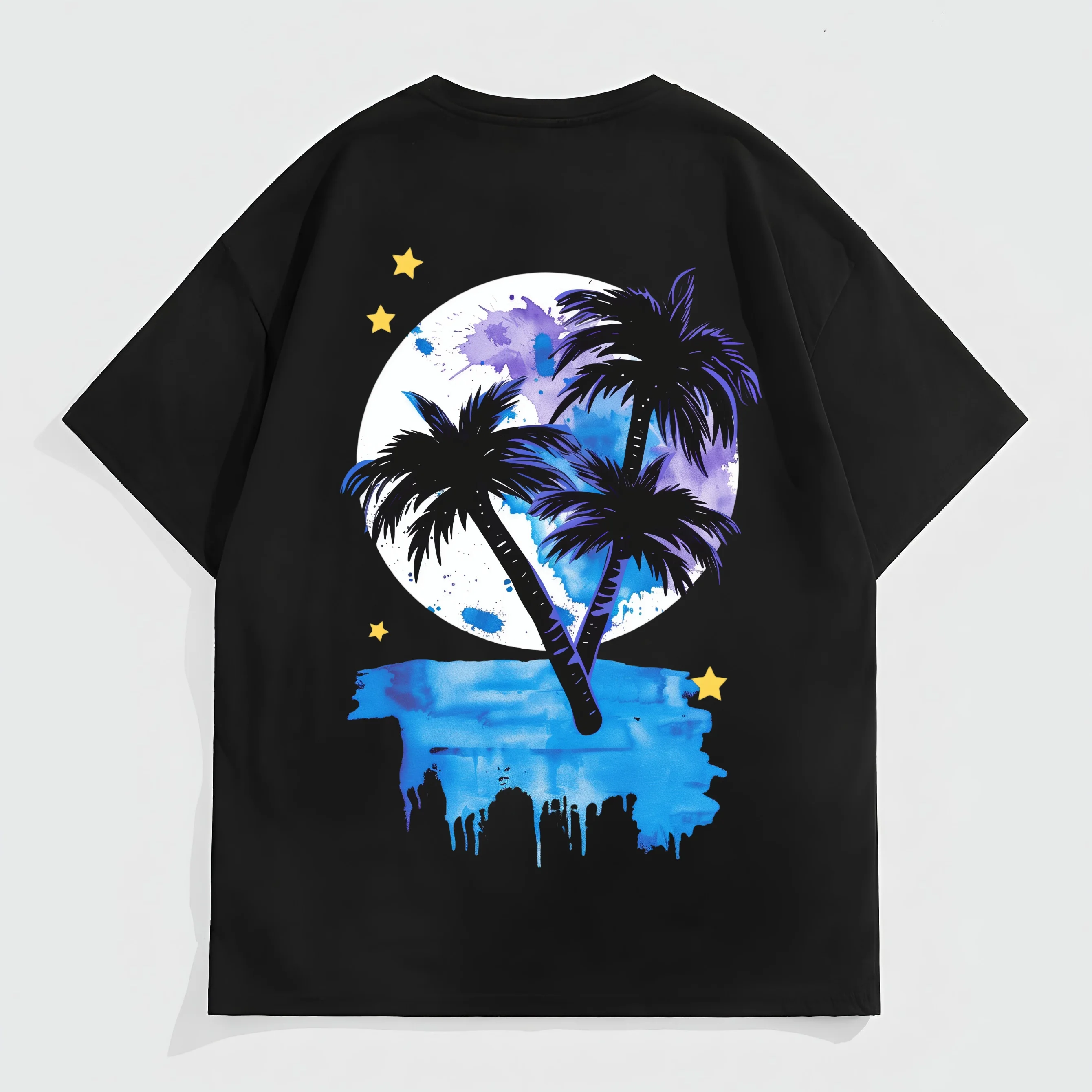 

Teevo Men's Short Sleeve T-Shirt Palm Tree Moon Night Scene Print Casual Summer Beach Wear