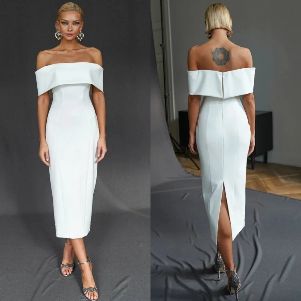

Customized Elegant White Jersey Evening Dress Formal Boat Neck Off the Shoulder Party Dress Soft Zipper Back Straight