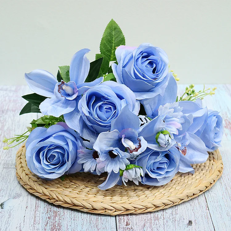 Artificial Rose Orchid Silk Fake Flowers Wedding Bride Holding Flower Home Living Room Garden Simulation Blue Bouquet Decoration