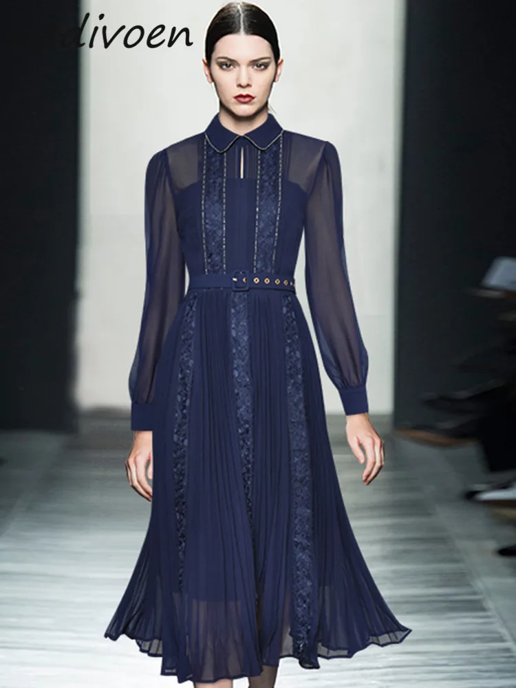 

Gedivoen Autumn Fashion Runway Dark Blue Vintage Pleated Dress Women's Lapel Sashes Gathered Waist Lace Spliced Slim Long Dress
