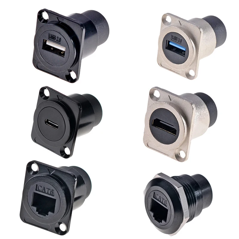 1pc Metal D Type Module RJ45 CAT6&USB 2.0/3.0&Type C&HDMI-Jack Socket Through Network Panel Mounting Electronic Connector