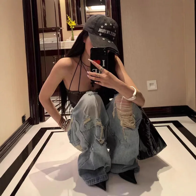 

Jaded London jean vintage old Spice Girls street style loose straight hole frayed denim pants women