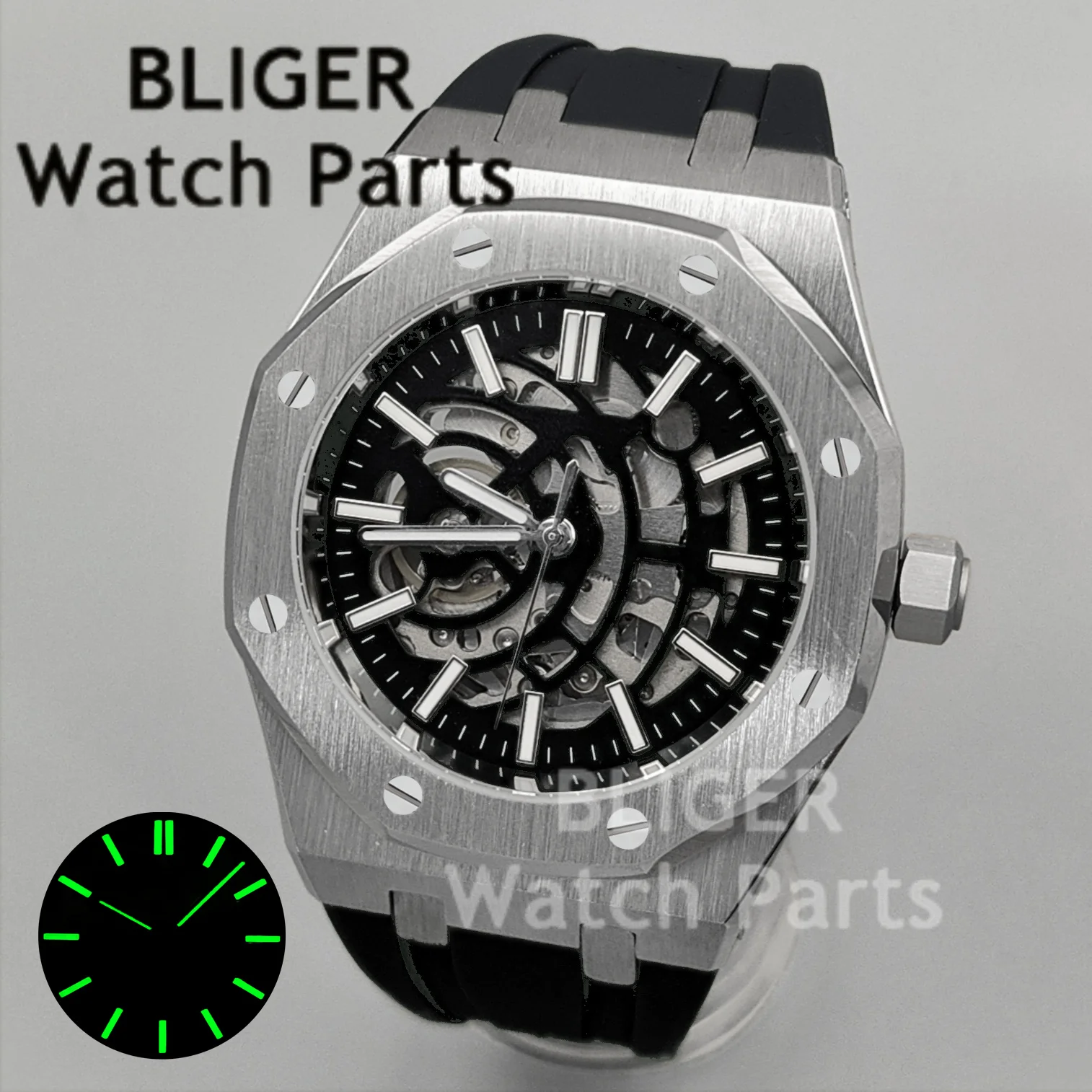 BLIGER 41 مللي متر NH70 ساعة ميكانيكية أوتوماتيكية مجوفة الهاتفي الياقوت الزجاج C3 مضيئة المطاط حزام الصلب الغوص ساعة للرجال