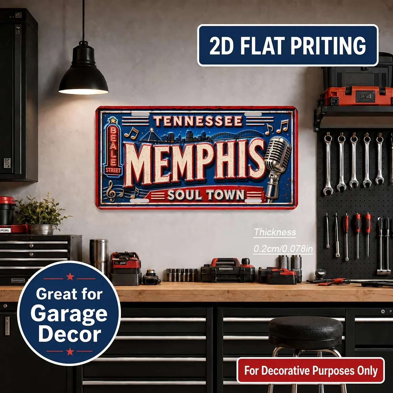 2D Flat Memphis Themed Vintage Aluminum Signage, Industrial Wall Art Gift for Vintage Fans