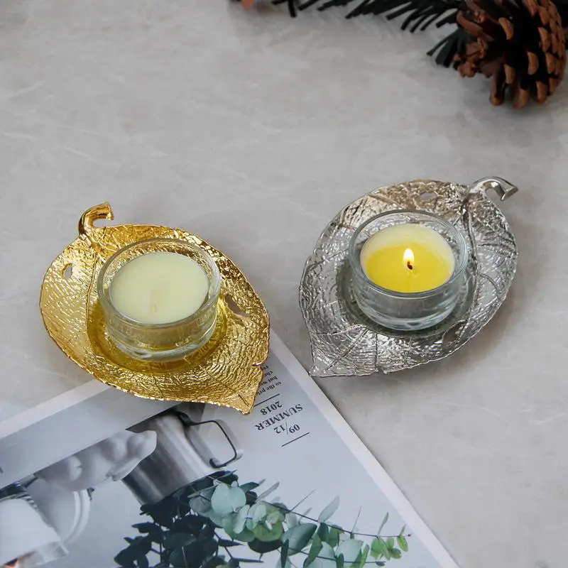 1Pc Luxury Nordic Natural Wind Leaf Shape Gold Silver Candle Holder Tea Wax Small Round Candle Transparent Container Table Top