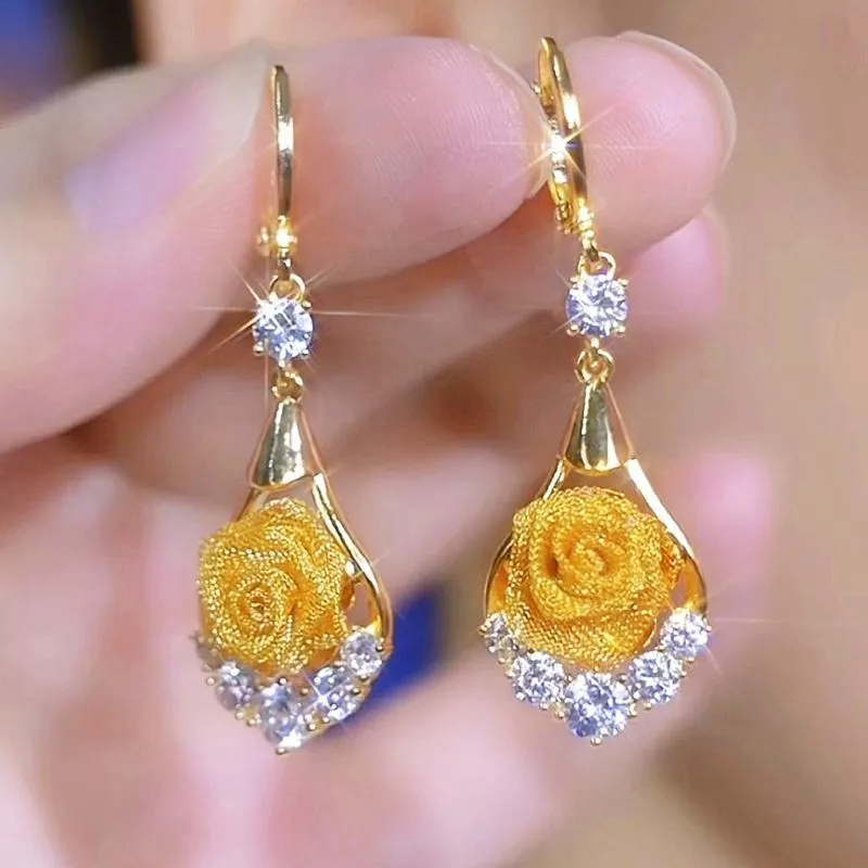 

New Fashion Unique Design Elegant and Exquisite Zircon Rose Flowers Earrings for Women High Quality Charm Jewelry Birthday Gifts