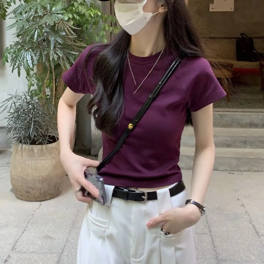 

Fashion Solid Color Short Sleeve T-shirt Slim Fit Chic Y2K Crop Top Korean Style Sweet Tees Shirts Women Girls