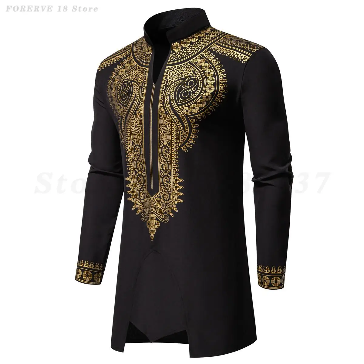 Fashion African Clothing Retro Ethnic Style Muslim Robe Trousers Suit Men Traditional Print Golden Flowers Shirt Cosplay Costume