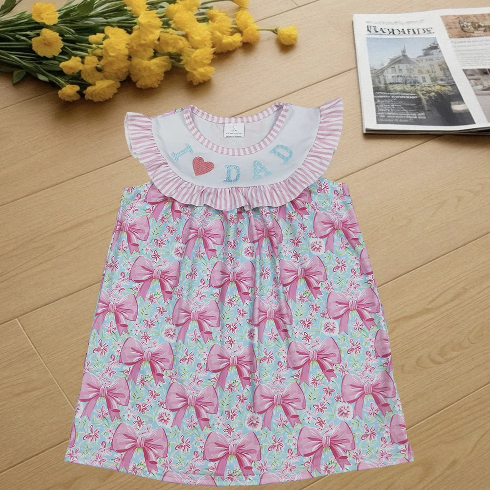 

9.1 Baby Girls Summer Dress Embroidery Baby Girls Pink I Love Dad Floral Bows Knee Length Dresses