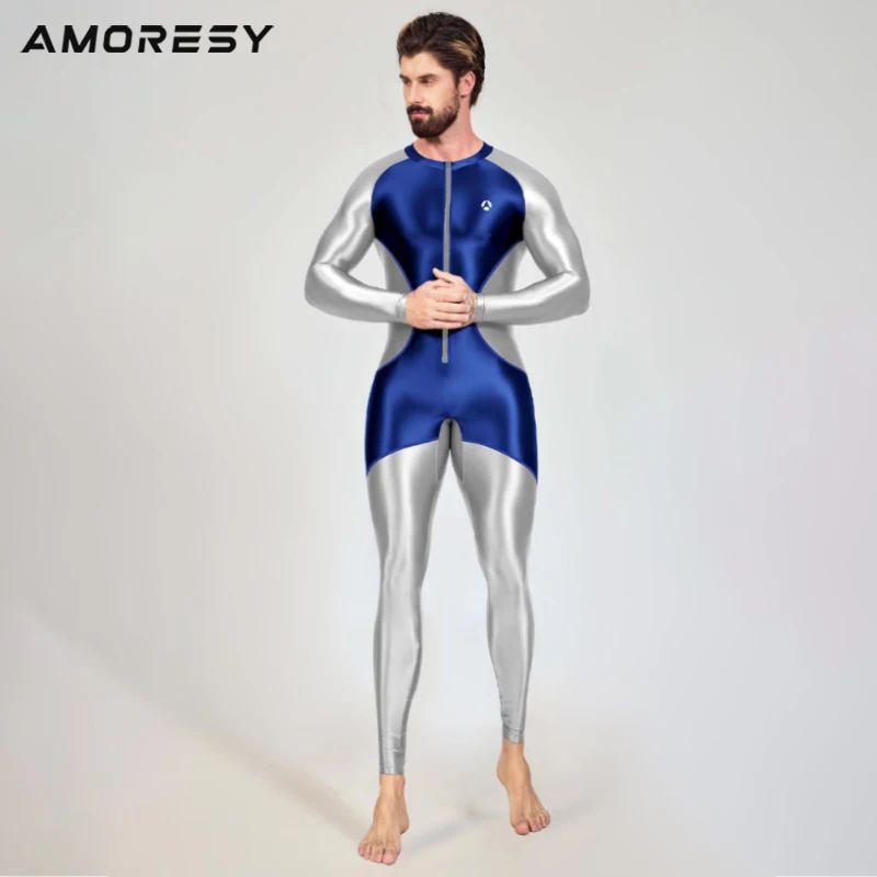 

Глянцевые колготки AMORESY для мужчин, с цветовыми блоками, длинные брюки, колготки, спортивная одежда для йоги, универсальный комбинезон, блестящая спортивная одежда