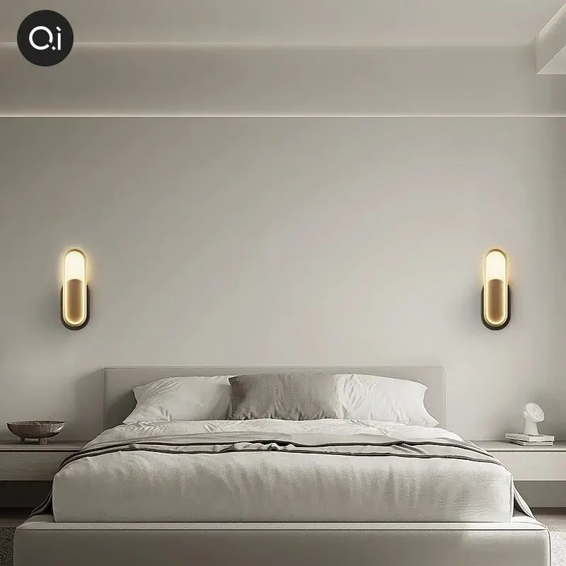 

Bedroom headboard wall lamp all copper atmosphere lamp Nordic minimalist creative staircase light living room background light