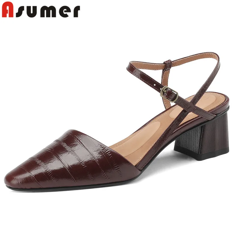 

ASUMER 2024 New Size 34-40 Vintage Ladies Summer Shoes Buckle Genuine Leather Sandals Woman Square Med Heels Dress Sandals