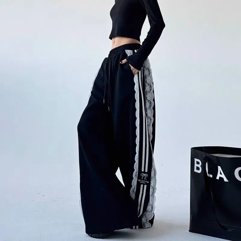 

Side Striped Lace Splicing Tooling Sweatpants Women's American Retro Wide Leg Spring Straight Loose Casual Sweatpants