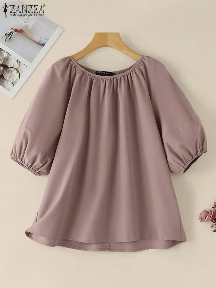 ZANZEA Women Elegant Short Puff Sleeve Blouse Summer Casual Loose Shirt Solid Office Party Blusas Harajuku Sweety Female Tops