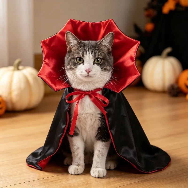 Cat wearing a Halloween pumpkin cape and wizard hat
