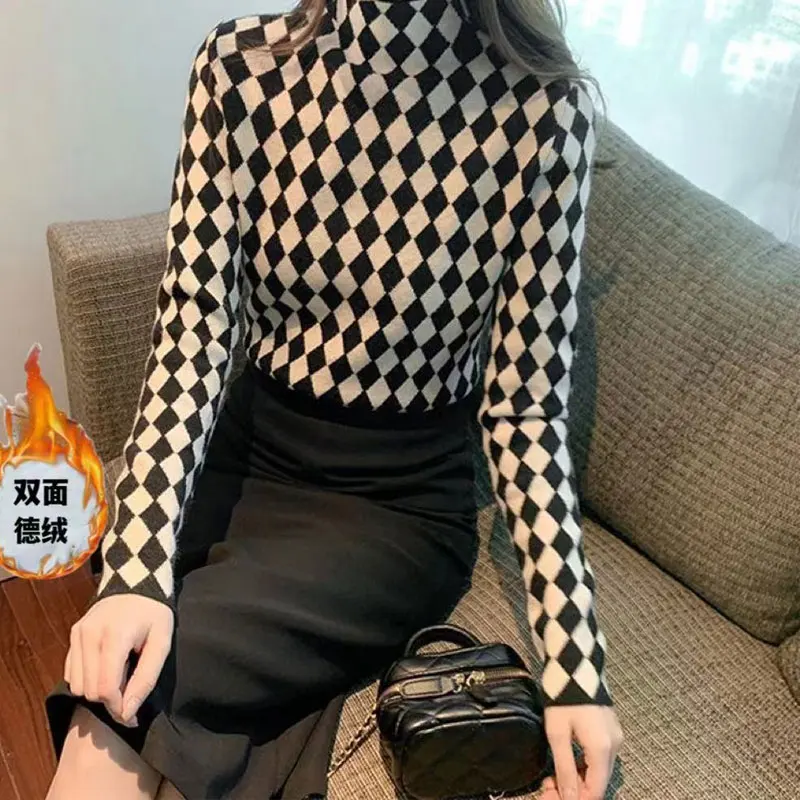 Double Faced Velvet Autumn Winter New Half High Collar Interior Lapping Warm Tops Long Sleeve T-shirt Solid Color Printed Casual