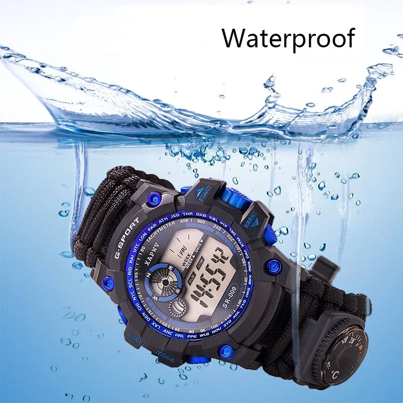 في الهواء الطلق البقاء على قيد الحياة ساعة الطوارئ مع للرؤية الليلية 50 متر مقاوم للماء Paracord سكين البوصلة ميزان الحرارة صفارات الإسعافات الأولية الساخن