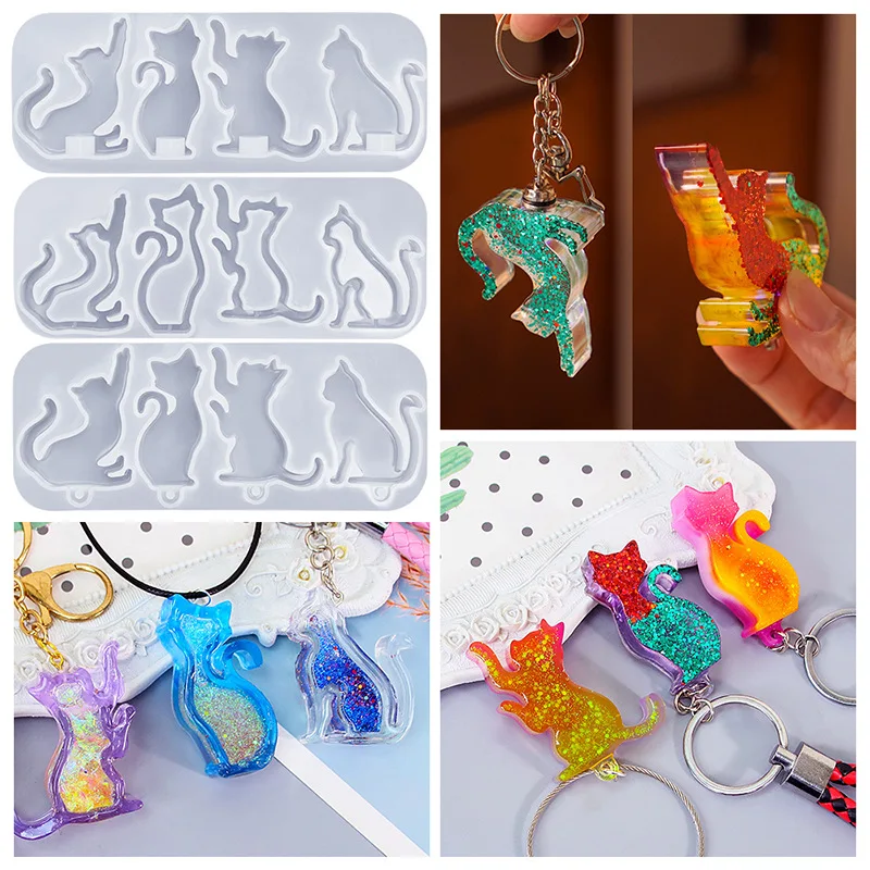 DIY Crystal Resin Cat Series Keychain Silicone Mold Quicksand Shaker Pendant Mold UV Resin Decoration DIY Craft Making