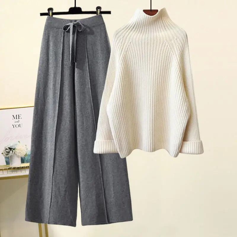 Women Autumn Winter Chic Casual Half High Collar Sweater Wide Leg Pants Sets Lady Loose Knit Pullover Trousers Outfits Knitwear