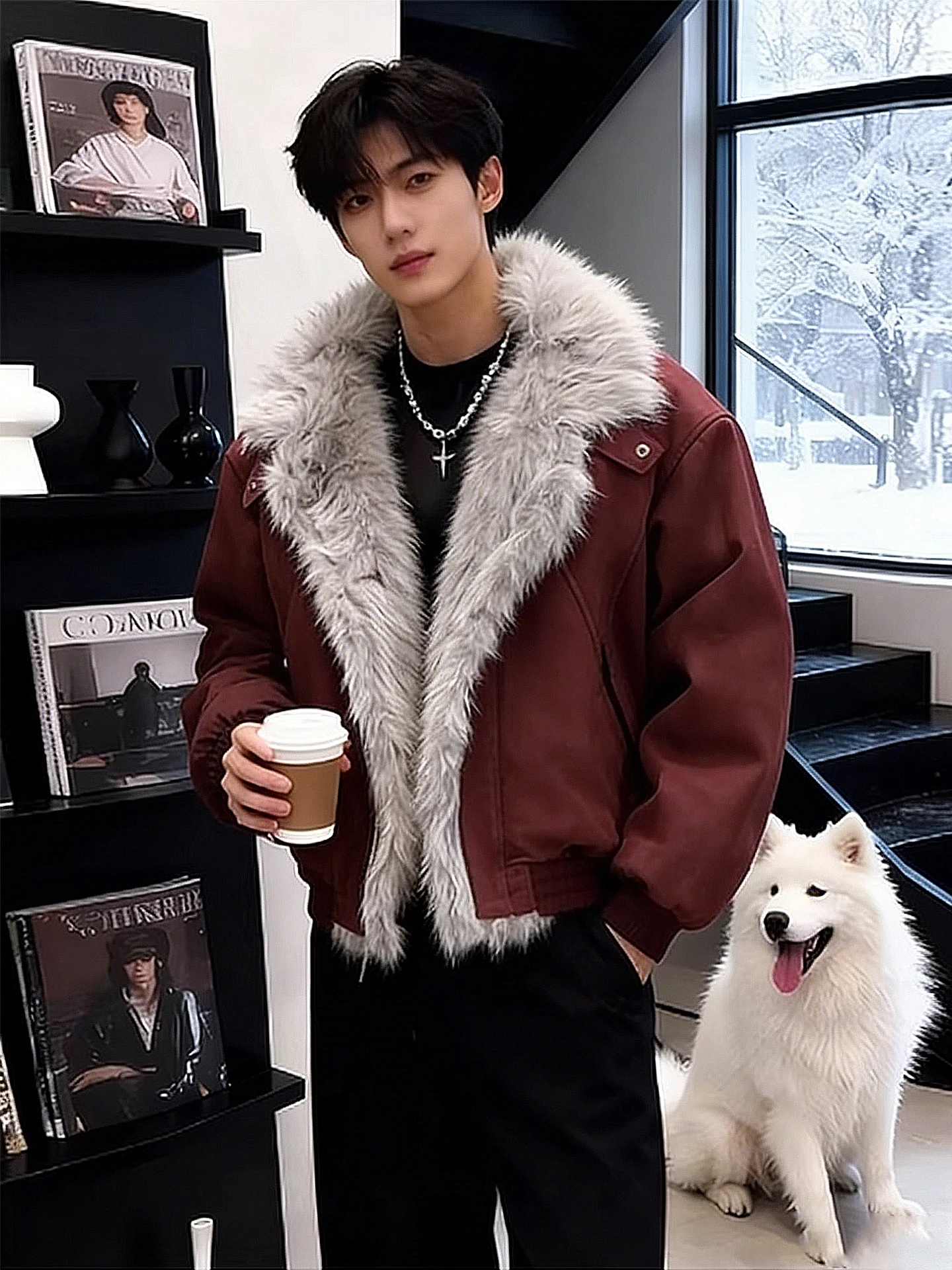 

Red American Sle Thiened Fce Lined Men's Cotton Jaet Winter Warm Coat with Fur Collar Youth Faion Stand Fit