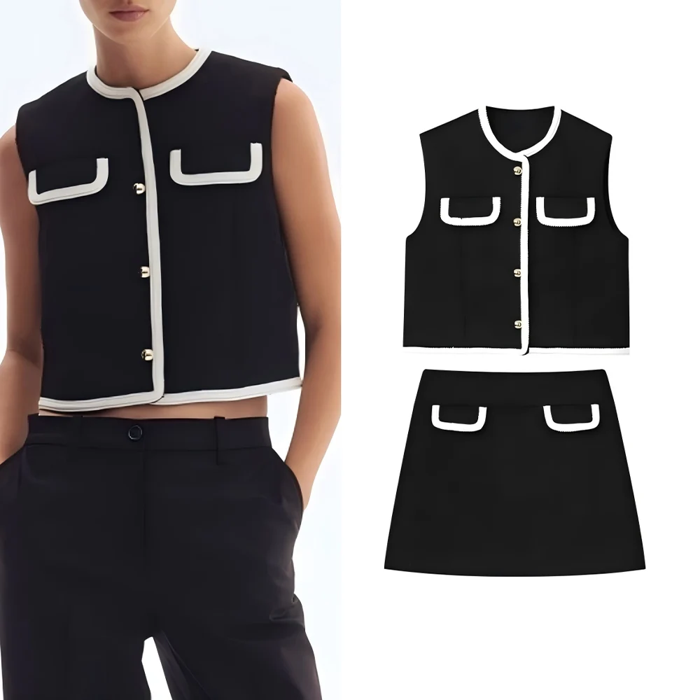 

Women's new fashion flip cover decoration short loop velvet vest retro sleeveless Button-up women's vest chic top+Skirts suit