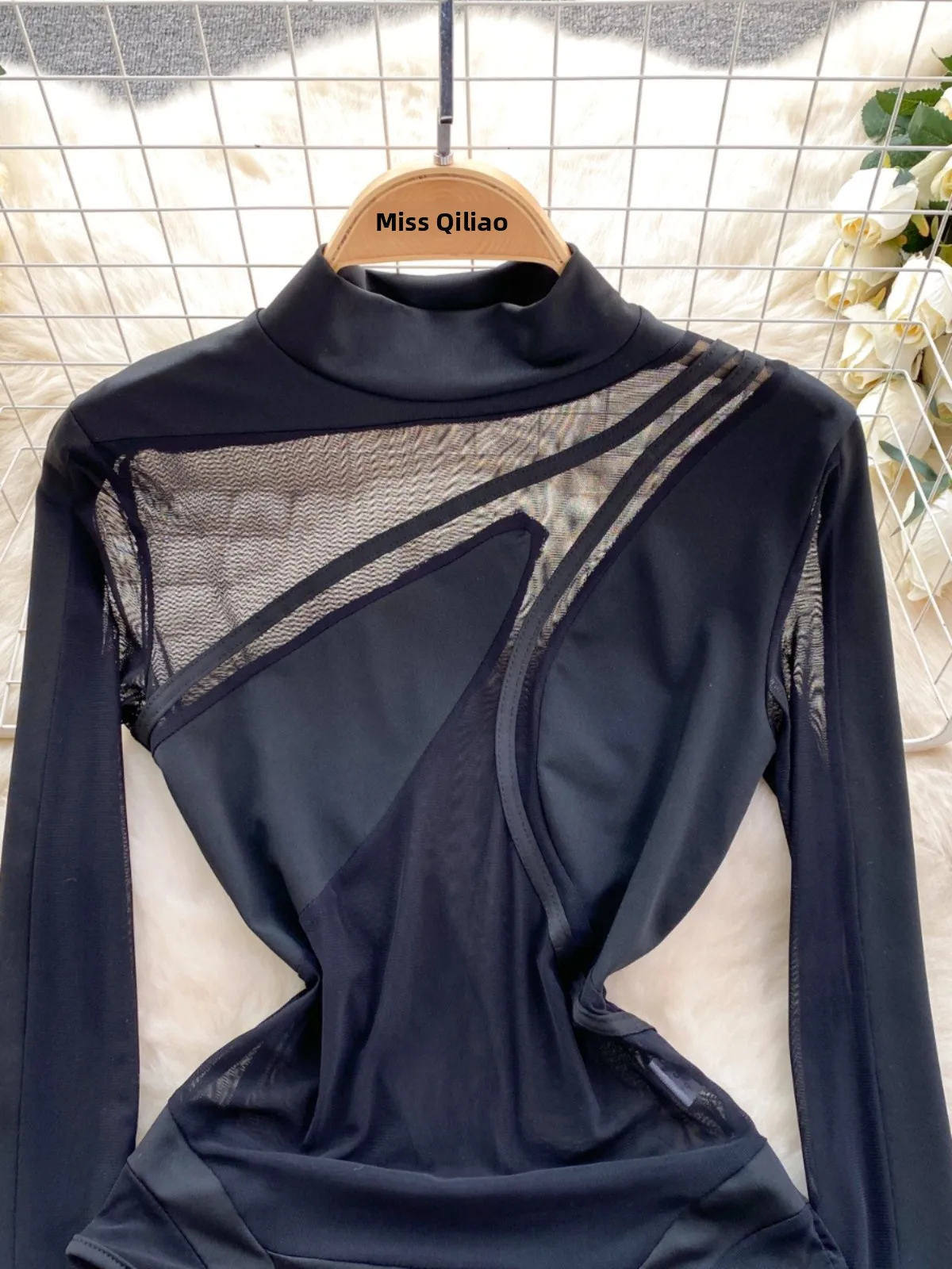 

Women's Long Sve Base irt One-Piece Clothing Me Splicing See-tough Design High Waist Straight Cut Summer Trend
