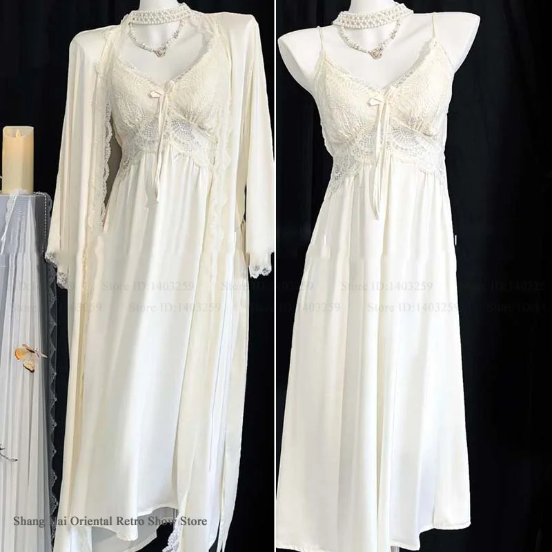 Elegant Female Long Robe Nightgown Sleepwear Set Sexy Hollow Out Lace Nightdress Mujer Lingerie Summer New Homewear Loungewear