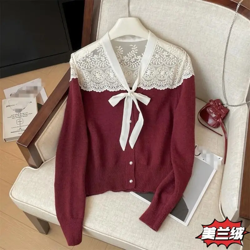 2026 여성 스웨터 새로운 니트웨어 여성 의류 탑 패션 Y2K 카와이 따뜻한 레이스 리본 귀여운 긴 소매 캐주얼 가을 의류