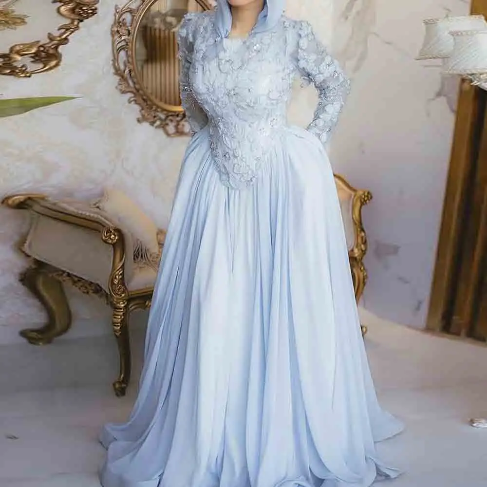 Maßgeschneidertes Abendkleid im Abaya-Stil mit Stickerei, Himmelblau, A-Linie, Hijab, formelles Kleid, fließender Chiffon, muslimische Hochzeits- und Partykleider