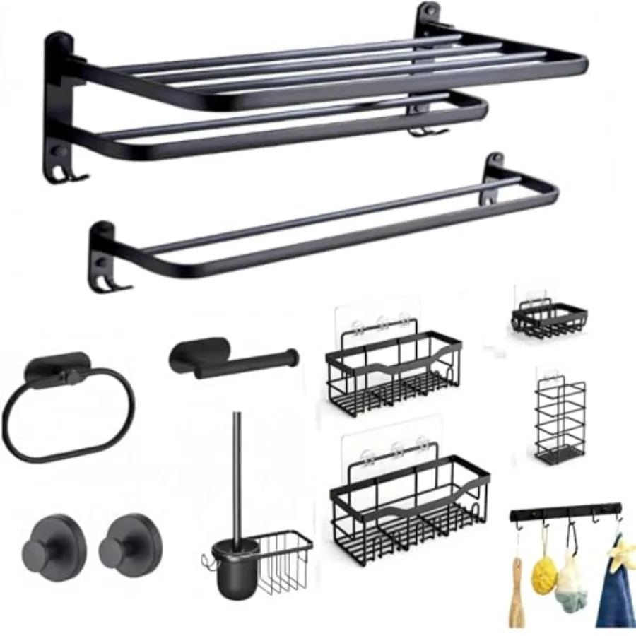 

Bathroom hardware set: matte black stainless steel, no-drill installation, 12-piece including 24-inch wall-mounted towel rack a