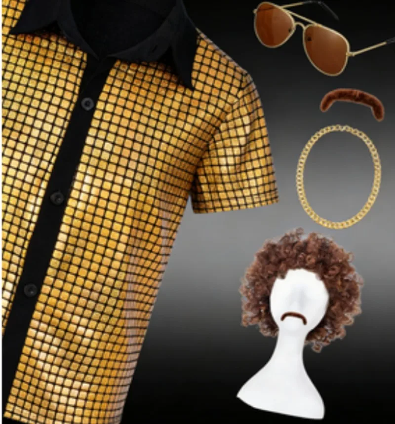 

Мужская блестящая металлическая рубашка в стиле диско 70-х годов с длинным рукавом, винтажный костюм для вечеринок, карнавальный наряд