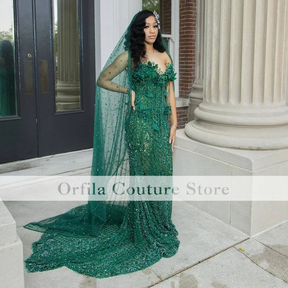 Dark Green Prom Dresses With Wrap Sequin Beading Black Girls Graduation Dress Crystal Long Birthday Party Gowns