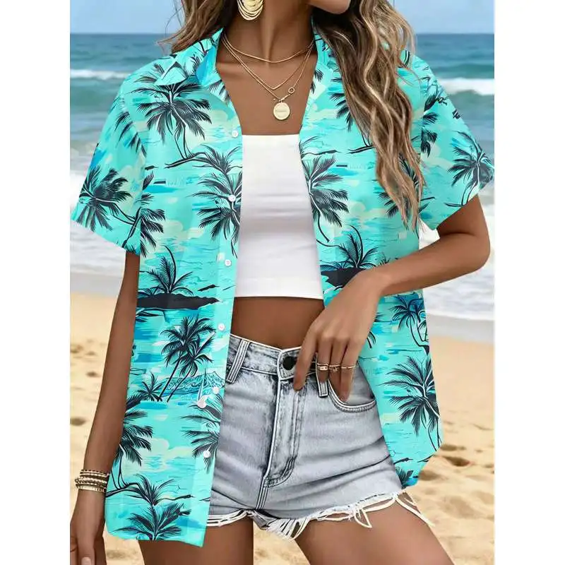Women's Casual Button-Up Shirt Tropical Coconut Tree Print Short Sleeve Blue Background Summer Top Machine Washable