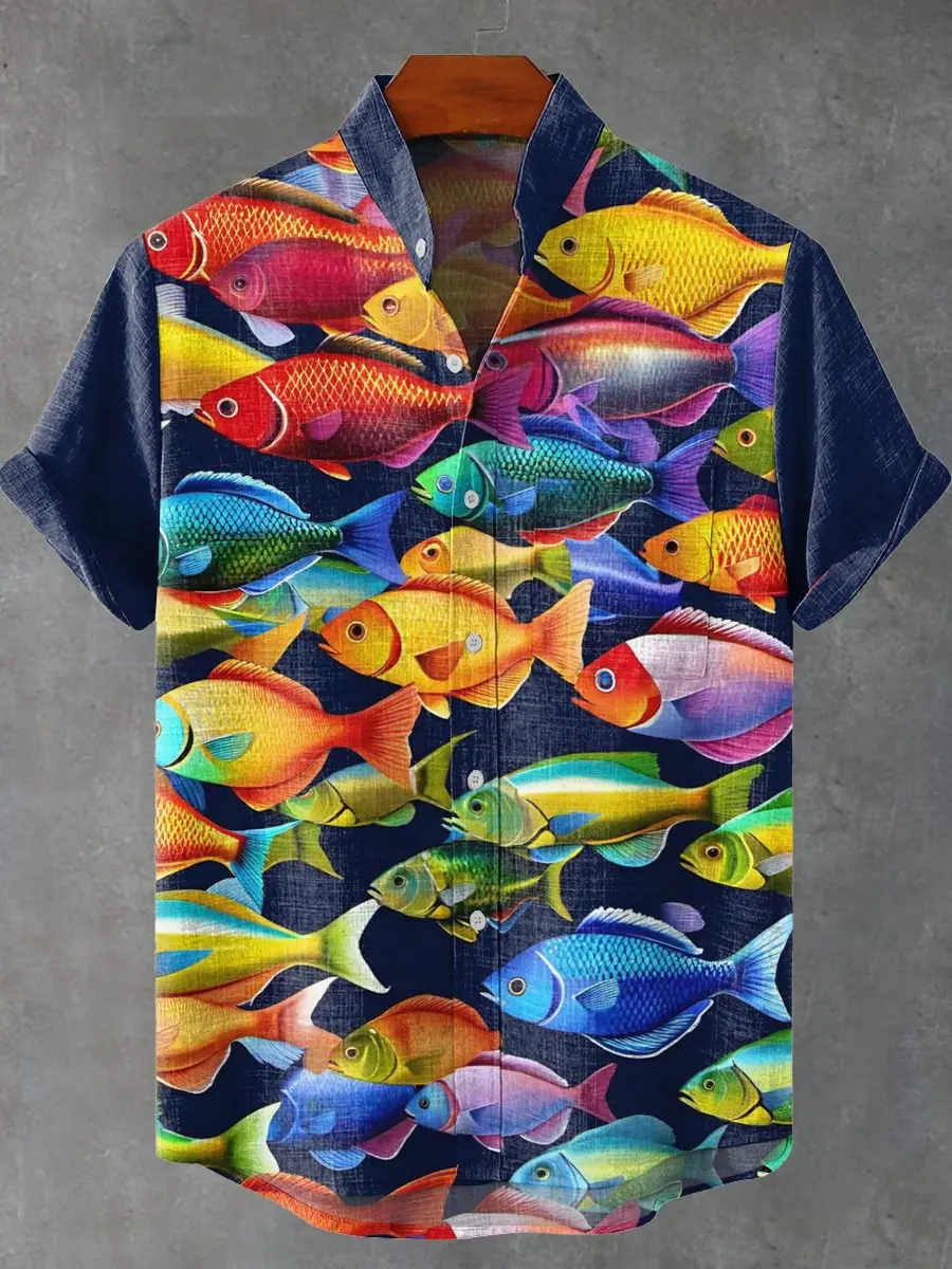 

New Vintage Printed Fish Men Casual 3D Flower Print New Comfortable Short Sleeve Shirt Button Printed Shirt