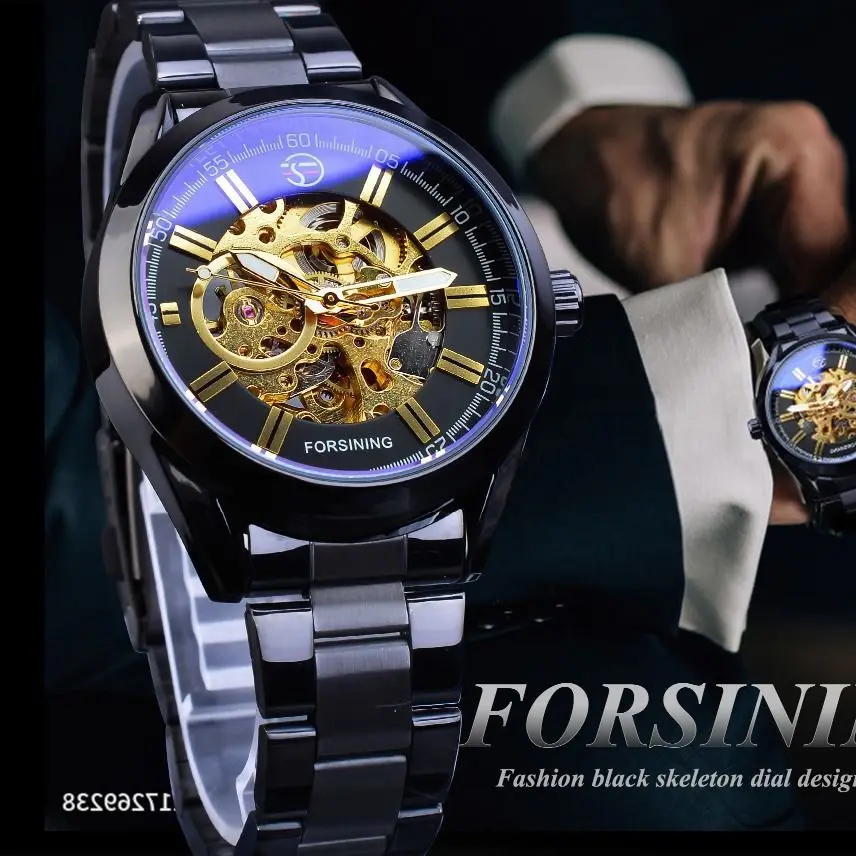 Fashion Forsining Top Brand Men Casual Hollowed Out Blue Glass Waterproof Automatic Mechanical Full Black Stainless Steel Watch