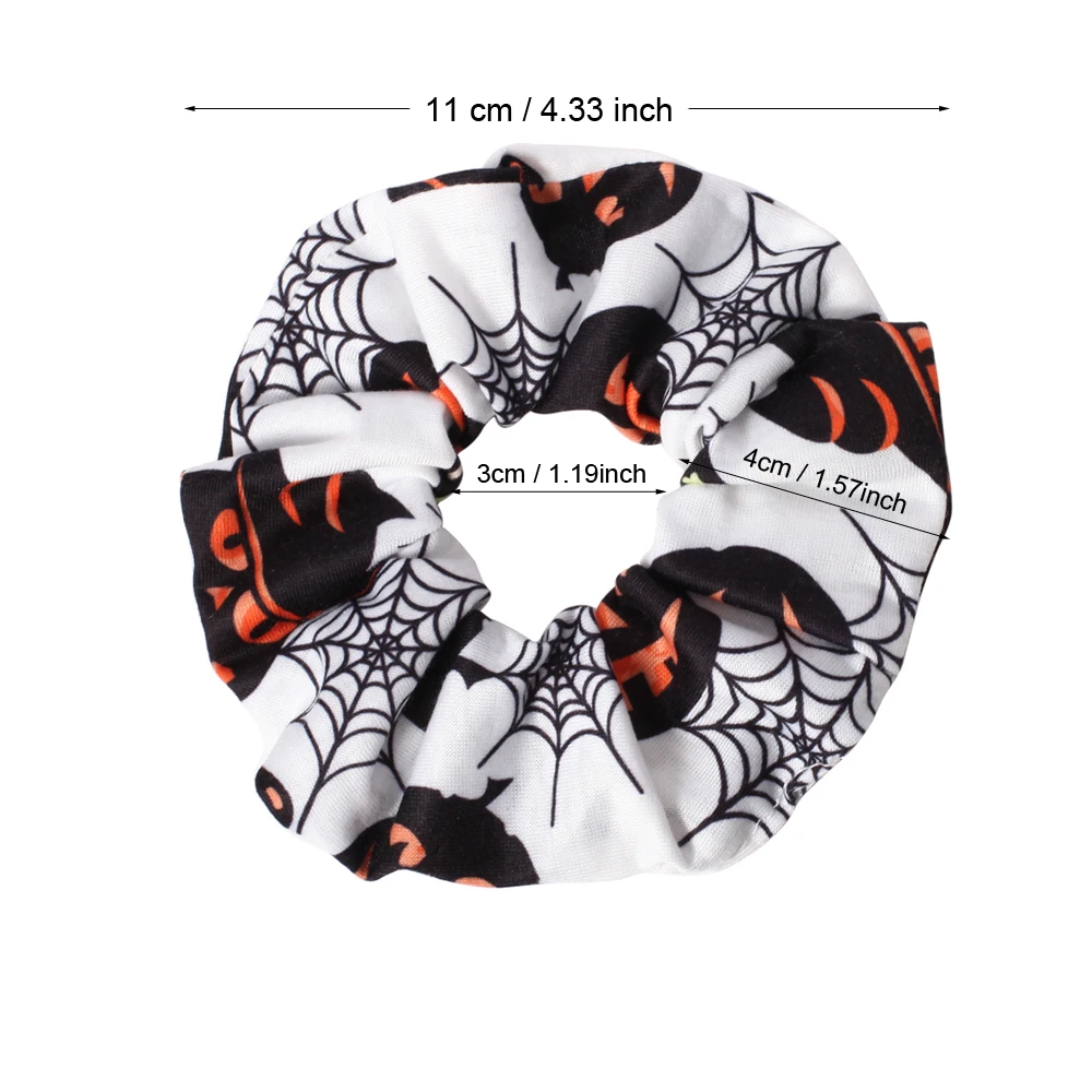 ID:1005005578254225 Ghost Skull, Pumpkin, Spider Web, Bat Pattern Halloween Hair Scrunchies Hair Ties Band