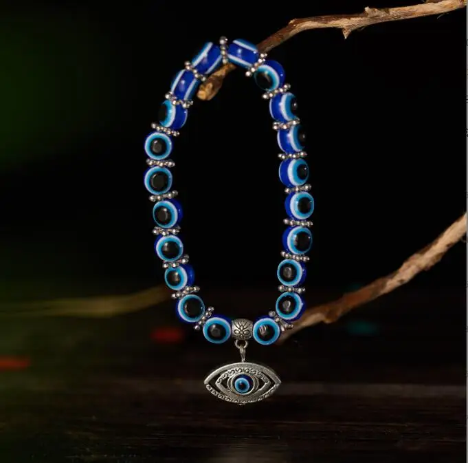 wish bracelet Blue Evil Eyes Palm Butterfly Pendant Bracelet Wishing Elastic Rope Chain Resin Beads Bracelet For Women Jewelry