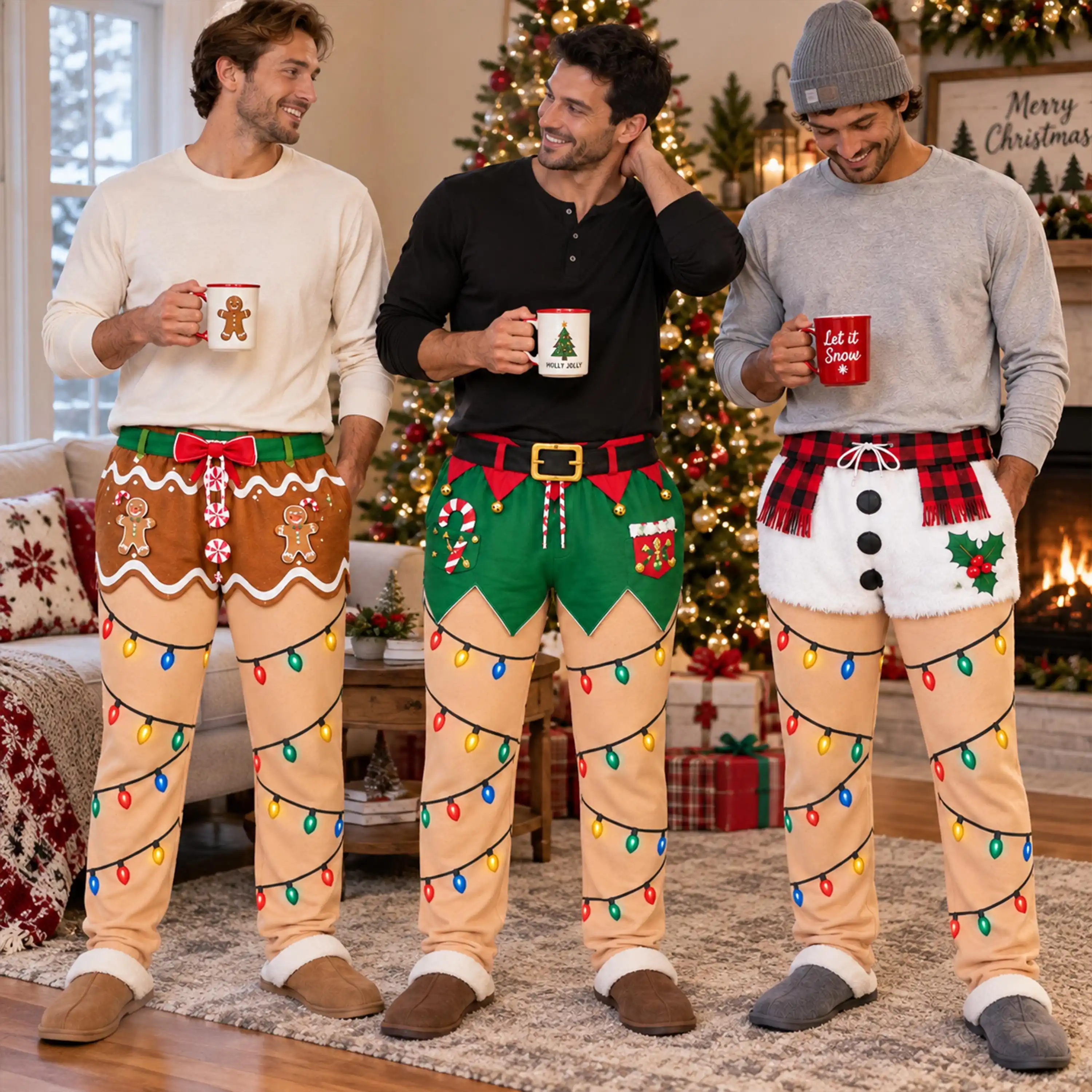 Christmas Themed Men's Fun Sleeping Pants 3D Printed Visual Fake Two Fishing Net Socks Wide Leg Pants Party Parody Casual Pants