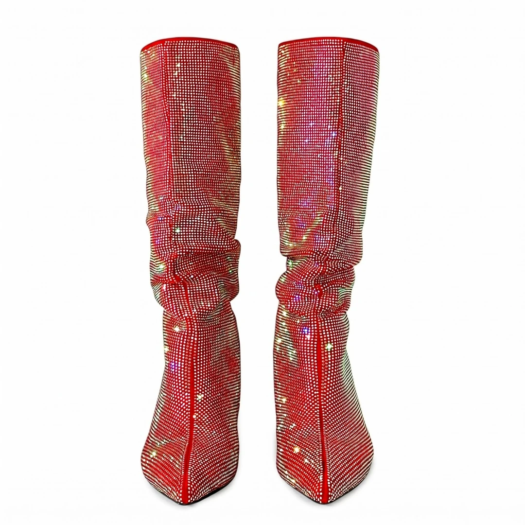 Women Red Rhinestone Slouch Knee Length Boots Pointed Flat Low Heel Footwear for Beach Party Nightclub Holiday Dating Outfits
