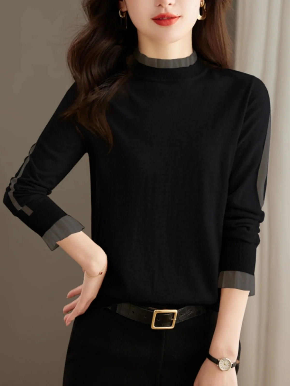 سترة نسائية محبوكة بياقة عالية وقاعدة irt ملابس داخلية حلوة Sle بقصة ضيقة طويلة Sve لون نقي ماركة صينية