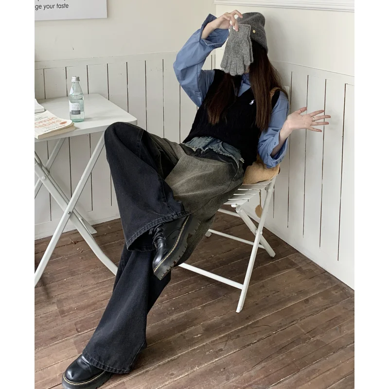 Women Grey Jeans Cargo Pants Streetwear High Waist American Wide Leg Pants Fashion Y2K Style Female Winter Straight Trousers