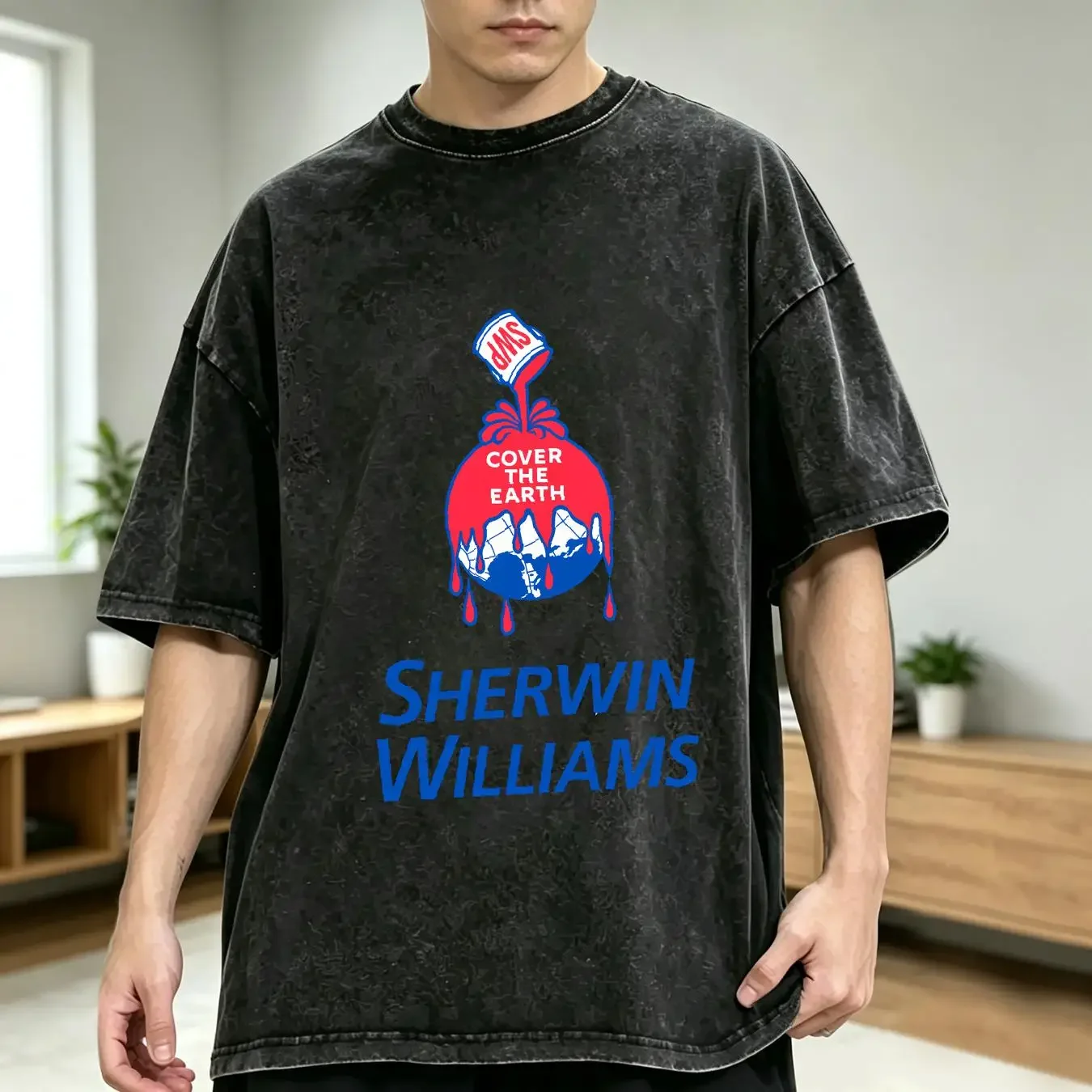 washed T Shirt Sherwin Williams Logo Men's Black Size S 3XL long or short sleeves vintage Washed graphic designer clothes Soft